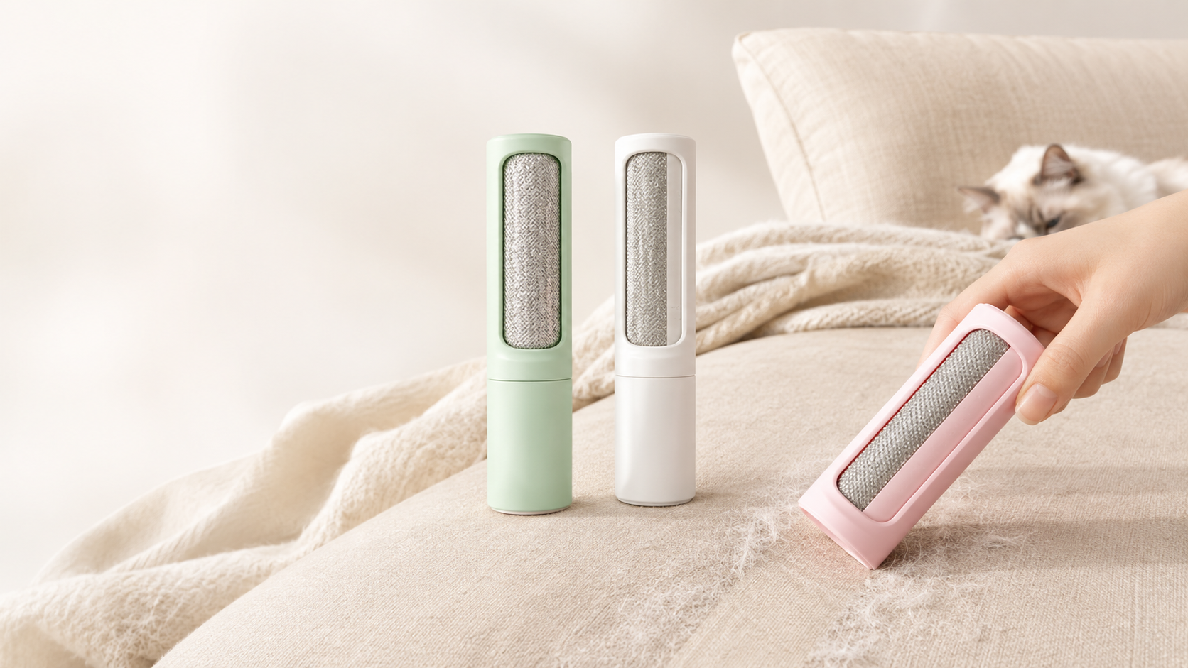 Kaibo FurLift pet hair remover in pink, green and white